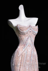 Pink Mermaid Strapless Tulle Diamond Long Semi Formal Prom Dress Sweet Wedding Dress Formal Dress