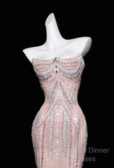 Pink Mermaid Strapless Tulle Diamond Long Semi Formal Prom Dress Sweet Wedding Dress Formal Dress