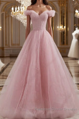 Pink off shoulder tulle sequin long Semi Formal Prom Dresses, pink formal Dresses