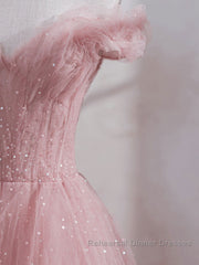 Pink off shoulder tulle sequin long Semi Formal Prom Dresses, pink formal Dresses