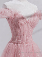 Pink off shoulder tulle sequin long Semi Formal Prom Dresses, pink formal Dresses