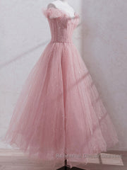 Pink off shoulder tulle sequin long Semi Formal Prom Dresses, pink formal Dresses