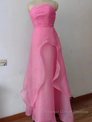 Pink Semi Formal Prom Dresses Tulle Evening Gown Strapless Ruffles A-line Simple Semi Formal Prom Dresses For Teens