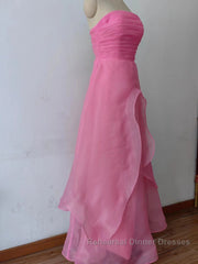Pink Semi Formal Prom Dresses Tulle Evening Gown Strapless Ruffles A-line Simple Semi Formal Prom Dresses For Teens