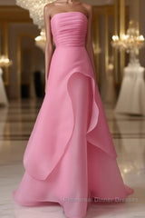 Pink Semi Formal Prom Dresses Tulle Evening Gown Strapless Ruffles A-line Simple Semi Formal Prom Dresses For Teens