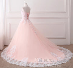 Pink Puffy Ball Gown Princess Sweetheart Tulle Formal Dress With White Lace Semi Formal Prom Dress