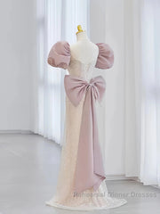 Pink Puffy Sleeves Trumpet Mermaid Sequin Semi Formal Prom Dress