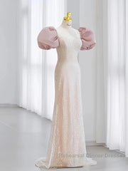 Pink Puffy Sleeves Trumpet Mermaid Sequin Semi Formal Prom Dress