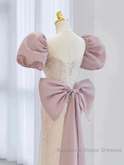 Pink Puffy Sleeves Trumpet Mermaid Sequin Semi Formal Prom Dress
