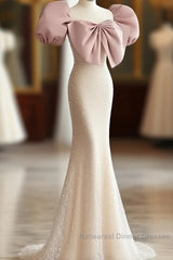 Pink Puffy Sleeves Trumpet Mermaid Sequin Semi Formal Prom Dress