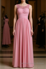 Pink round neck tulle lace long Semi Formal Prom Dresses, pink lace bridesmaid Dresses