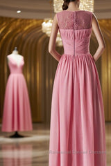 Pink round neck tulle lace long Semi Formal Prom Dresses, pink lace bridesmaid Dresses