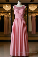 Pink round neck tulle lace long Semi Formal Prom Dresses, pink lace bridesmaid Dresses