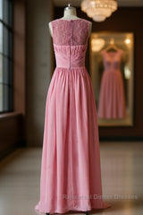 Pink round neck tulle lace long Semi Formal Prom Dresses, pink lace bridesmaid Dresses