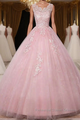 Pink round neck tulle lace long Semi Formal Prom Dresses pink tulle formal Dresses