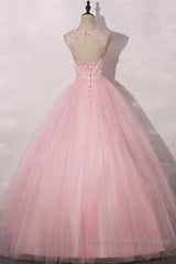 Pink round neck tulle lace long Semi Formal Prom Dresses pink tulle formal Dresses