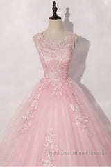 Pink round neck tulle lace long Semi Formal Prom Dresses pink tulle formal Dresses