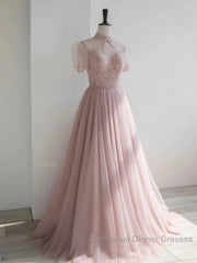 Pink Round Neck Tulle Sequin Long Semi Formal Prom Dress Formal Dress Short Sleeves December Wedding Guest Dress