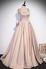 Pink Satin Long A-Line Semi Formal Prom Dress, Pink Spaghetti Straps Party Dress With Bow