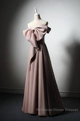 Pink Satin With Bow A-Line Long Semi Formal Prom Dress, Pink Satin Formal Dress Party Dress