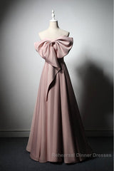 Pink Satin With Bow A-Line Long Semi Formal Prom Dress, Pink Satin Formal Dress Party Dress