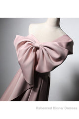 Pink Satin With Bow A-Line Long Semi Formal Prom Dress, Pink Satin Formal Dress Party Dress