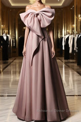 Pink Satin With Bow A-Line Long Semi Formal Prom Dress, Pink Satin Formal Dress Party Dress