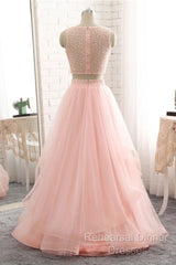 Pink See Through Tulle Beading Strapless Two Piece Semi Formal Prom Dress