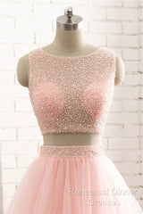 Pink See Through Tulle Beading Strapless Two Piece Semi Formal Prom Dress