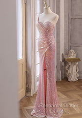 Pink Sequins Mermaid Sweetheart Long Semi Formal Prom Dress, Pink Sequins Evening Dress