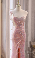 Pink Sequins Mermaid Sweetheart Long Semi Formal Prom Dress, Pink Sequins Evening Dress