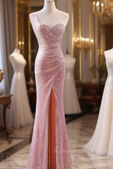 Pink Sequins Mermaid Sweetheart Long Semi Formal Prom Dress, Pink Sequins Evening Dress