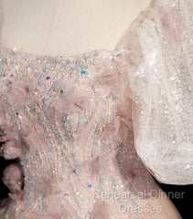 Pink Short Sleeves Tulle Sequins Long Party Dress, Pink Tulle Semi Formal Prom Dress