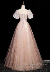 Pink Short Sleeves Tulle Sequins Long Party Dress, Pink Tulle Semi Formal Prom Dress