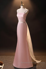 Pink Simple Mermaid Straps Long Evening Dress, Pink Formal Dress Semi Formal Prom Dress
