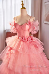Pink Spaghetti Strap Tulle Long Semi Formal Prom Dress, Beautiful A-Line Formal Sweet 16 Dress