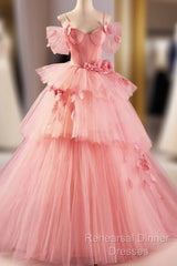 Pink Spaghetti Strap Tulle Long Semi Formal Prom Dress, Beautiful A-Line Formal Sweet 16 Dress