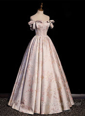 Pink Statin Off Shoulder Floral Long Party Dress, Pink Sweetheart Semi Formal Prom Dress Evening Dress