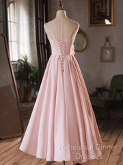 Pink Straps Sweetheart Long Satin Wedding Party Dress, Pink Formal Dress Semi Formal Prom Dress