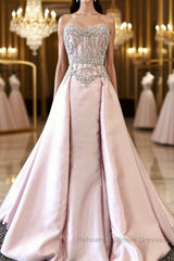 pink sweetheart neck beads long Semi Formal Prom Dresses, pink evening Dresses