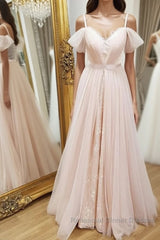 Pink sweetheart neck tulle long Semi Formal Prom Dresses, pink evening Dresses