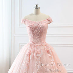 Pink Sweetheart Off Shoulder With Lace Long Sweet 16 Dress, Pink Formal Dress