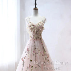Pink Sweetheart Tulle With Lace Flowers Long Evening Dress, Pink Tulle Semi Formal Prom Dress