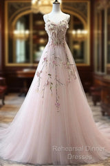 Pink Sweetheart Tulle With Lace Flowers Long Evening Dress, Pink Tulle Semi Formal Prom Dress