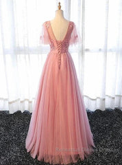 Pink Tulle A-Line Long Party Dress Bridesmaid Dress A Line Short Sleeves Floor Length Semi Formal Prom Dress