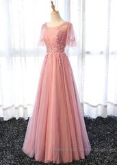 Pink Tulle A-Line Long Party Dress Bridesmaid Dress A Line Short Sleeves Floor Length Semi Formal Prom Dress