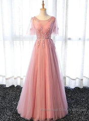 Pink Tulle A-Line Long Party Dress Bridesmaid Dress A Line Short Sleeves Floor Length Semi Formal Prom Dress
