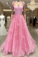 Pink Tulle Applique Long Semi Formal Prom Dress Pink Formal Dress