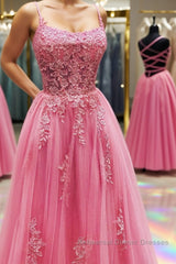 Pink Tulle Backless Lace Floral Long Semi Formal Prom Dresses, Pink Lace Formal Dresses, Pink Evening Dresses