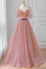 Pink Tulle Beautiful Puffy Sleeves Long Semi Formal Prom Dress, Pink A-Line Evening Dresses